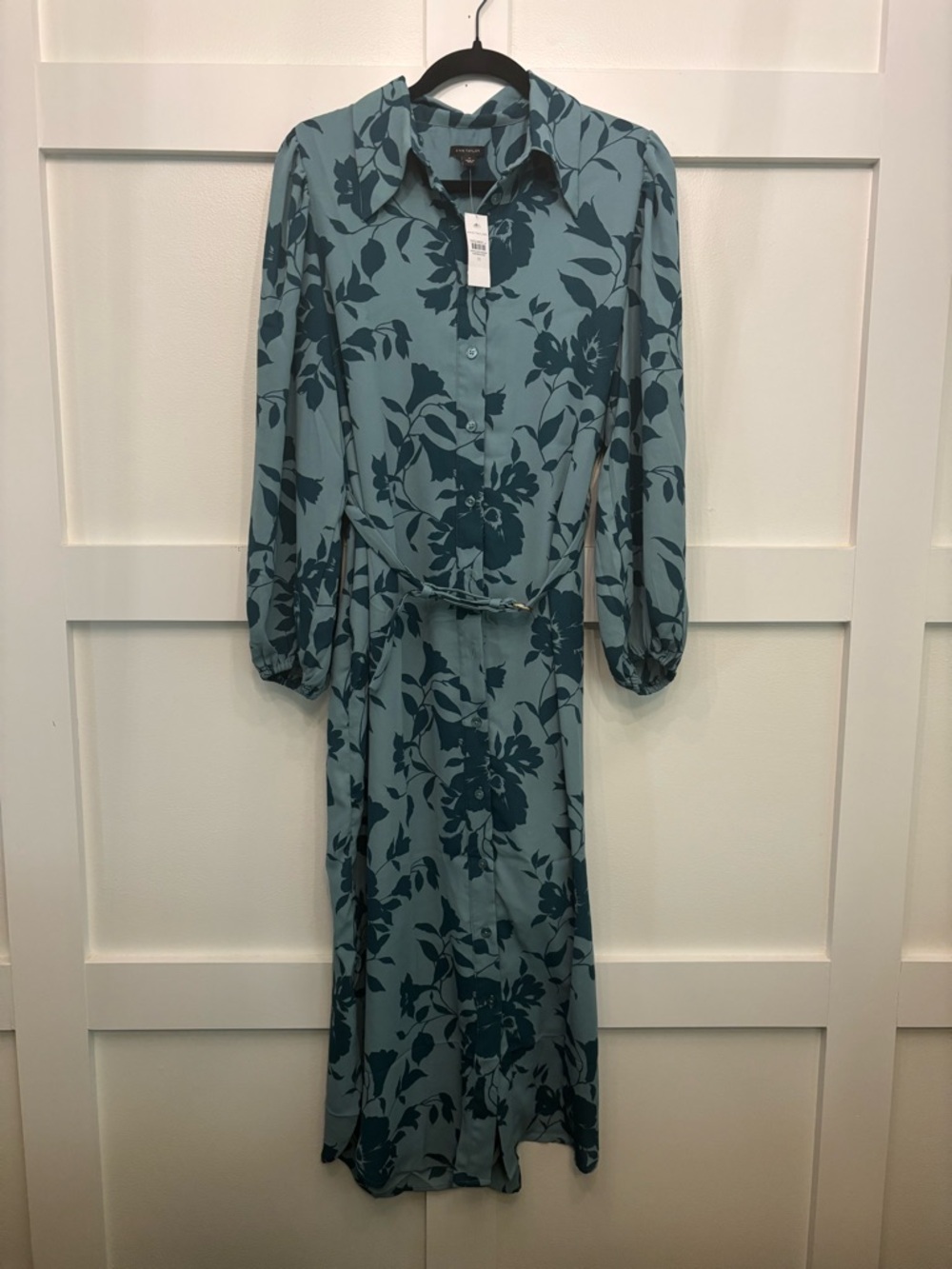 NWT Ann Taylor Teal Blue Floral Midi Shirt Dress with belt - Picture 4 of 5
